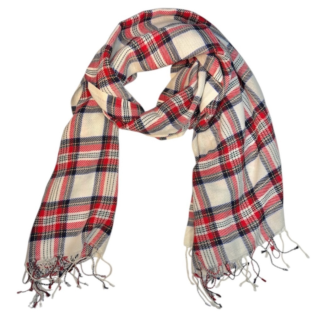 Talbots Heavy & Warm Plaid Scarf Cream, Red and Navy, [75” x 28.5”]